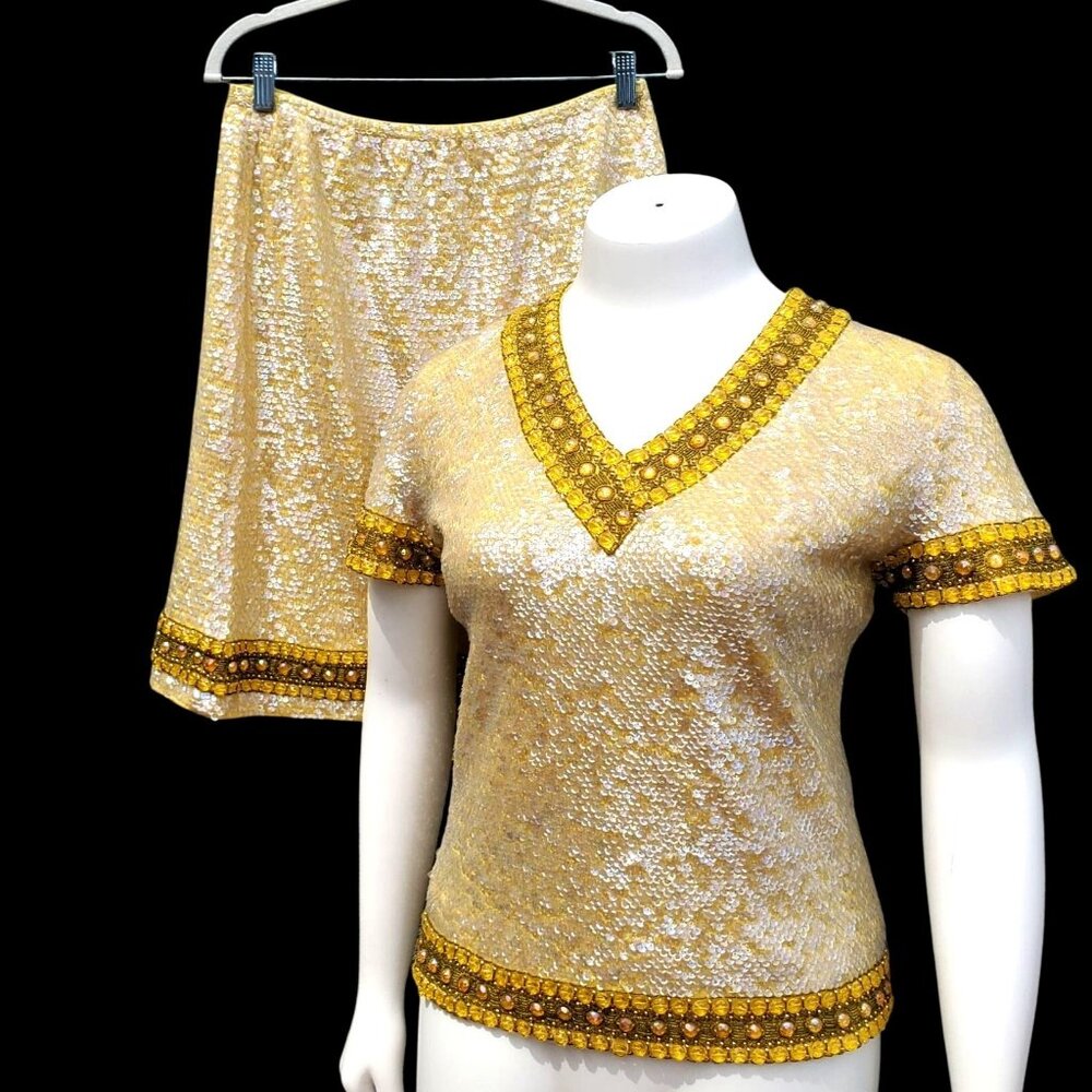 60s Sequin Beaded Yellow Skirt Set XL NWT Cleopatra Movie Inspired Hong Kong - Picture 1 of 16